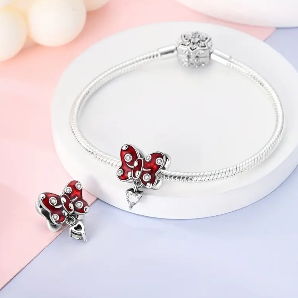 S925 Sterling Silver Disney Inspired Minnie Red Bow Charm with CZ Accents - NWT - Picture 2 of 6